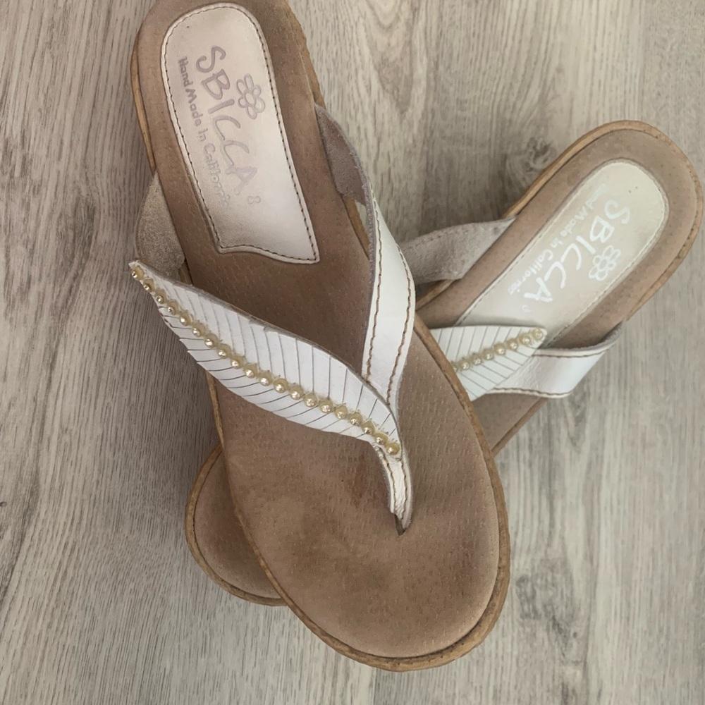 Sbicca White and Tan Wedge Sandals